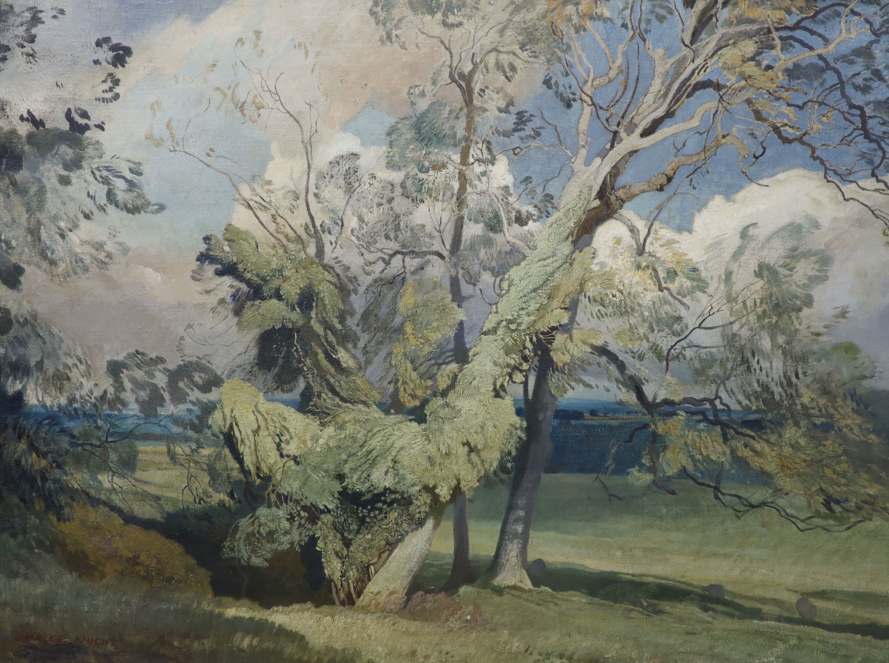 Charles Knight R.W.S.,R.O.I., (1901-1995), oil on canvas, ‘Summer Day’; Landscape with Ash tree and old mans beard, signed, 75 x 101cm.